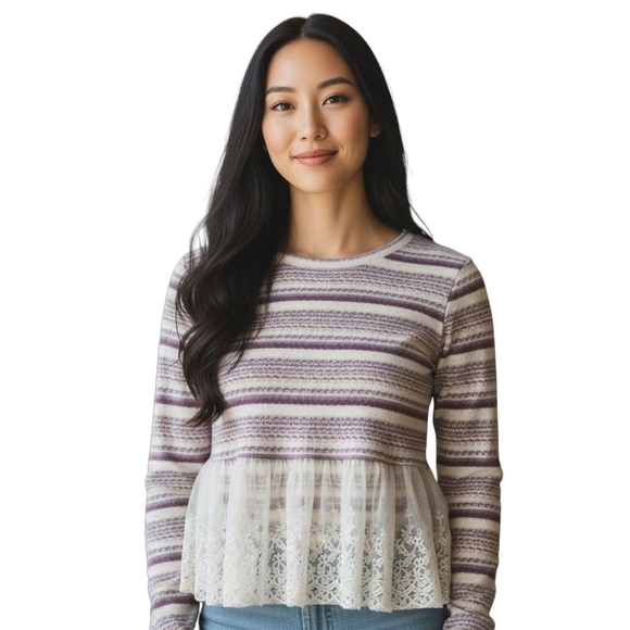 Altar'd State Striped And Lace Top - Picture 1 of 7